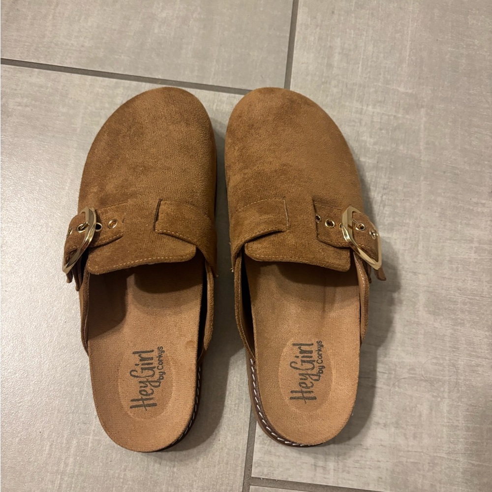 Corkys Tan Suede Buckle Mules